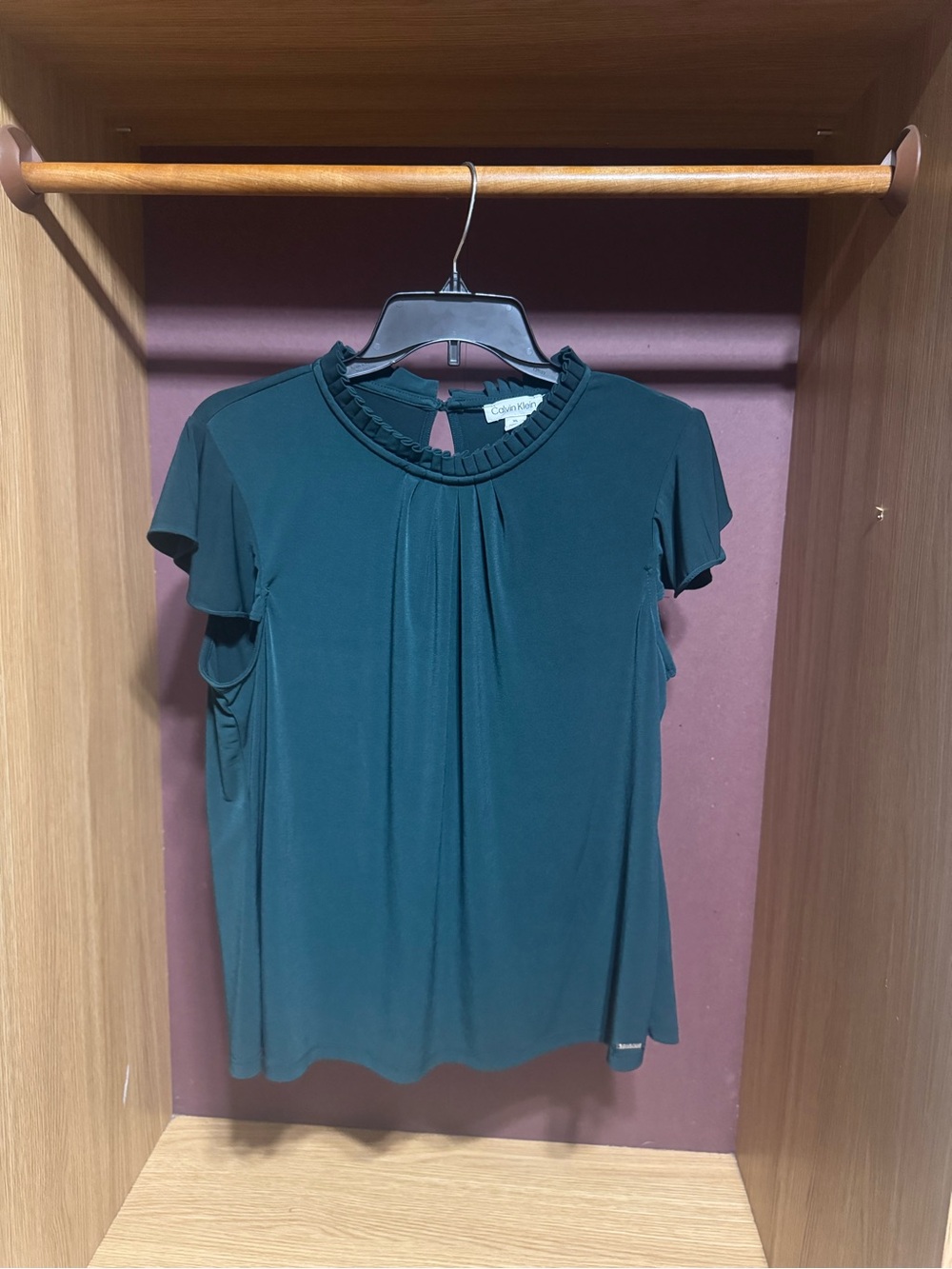 Calvin Klein Teal Ruffle Neck Flutter Sleeve Blouse Size XL